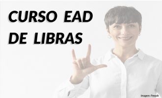 Imagem de uma mulher fazendo sinais em Libras e o texto "Curso EAD de Libras".