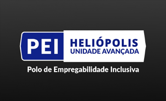 Imagem com fundo preto e o Texto Polo de Empregabilidade Inclusiva - PEI Heliópolis Unidade Avançada em letras brancas e azuis.